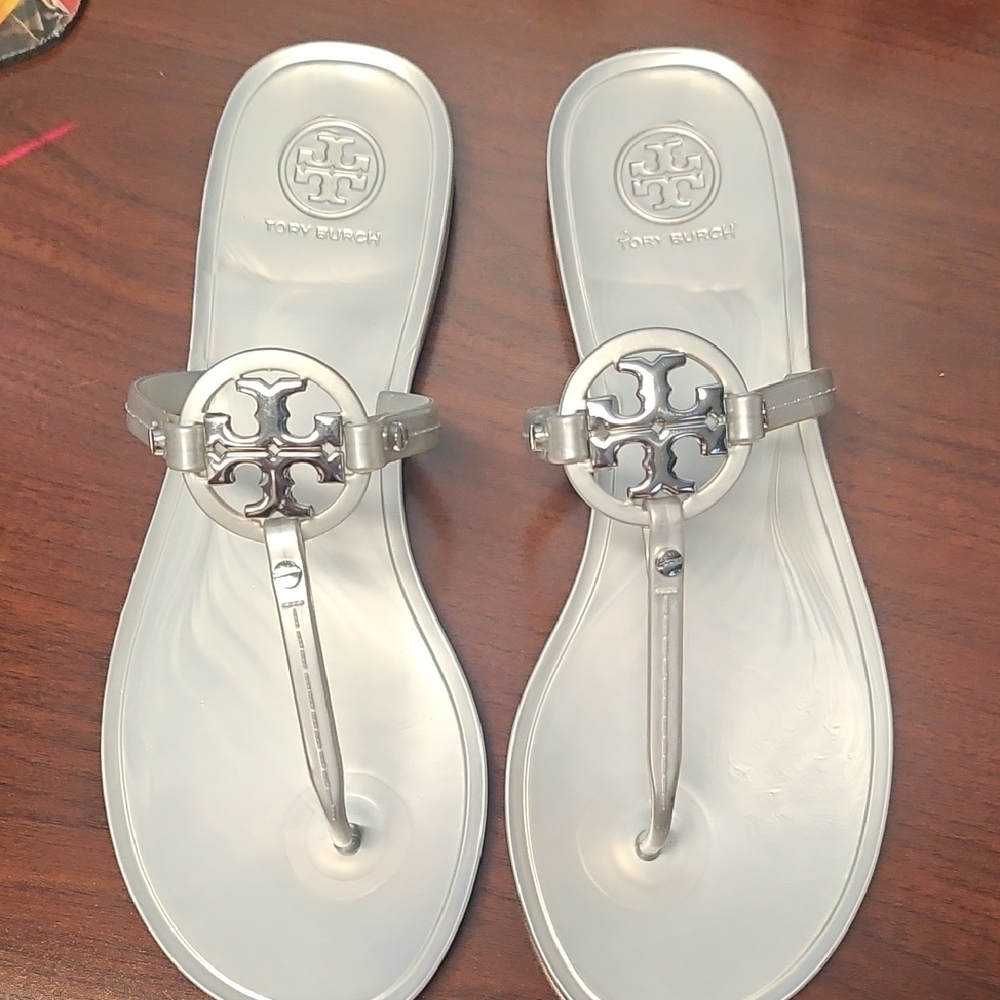 Tory Burch Silver Sandals with Logo Medallion